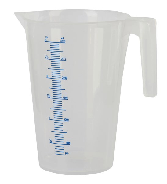 transparenter Messbecher für max. 3 Liter Flüssigkeiten, Becher mit Henkel und Schnabel