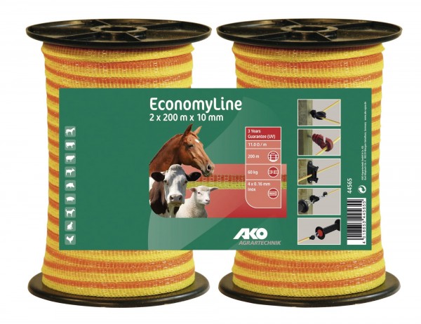 EconomyLine Weidezaunband, Doppelpack 2 x 200 m, 10 mm Breite, gelb/ orange, für kurze Zäune und Portionsweiden