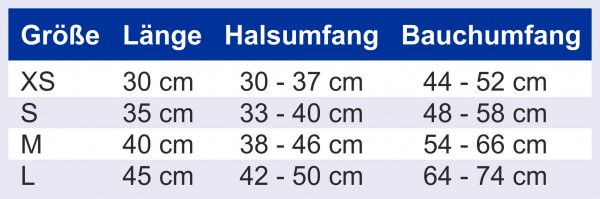 Steppmantel Charmonix in Größen XS - L, Maßangaben in tabellarischer Form