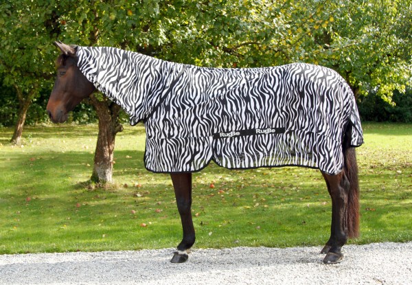 RugBe Zebra Fliegen- und Ekzemerdecke mit Halsteill für Pferde aus engmaschigem, weichem Polyester
