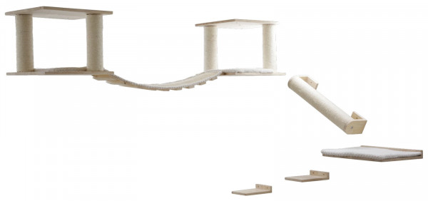 Katzenspielplatz Top XL, 7-teilig mit Trittbrettern, Liegebrett, Sisalsäule, Liegeflächen und Hängebrücke