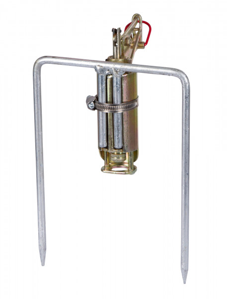 Metallhalterung für das cit Wühlmaus-Selbstschussgerät VoleShot, Abb. mit befestigtem Schussgerät