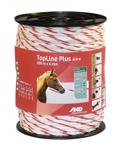 TopLine Plus Weidezaunseil in der Farbe weiß / rot, 200 m x 6 mm Zaunseil mit TriCOND