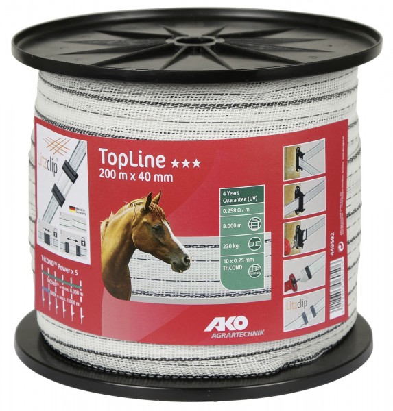 TopLine Weidezaunband 40 mm breit, in der Farbe weiß/ schwarz, 200 Meter für max. 8.000 m Zaunlänge