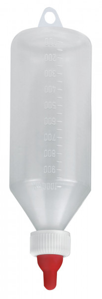 transparente Lämmerflasche mit rotem Sauger und Öse zum Aufhängen, Nuckelflasche für die Handaufzucht von Lämmern, 1 Liter Inhalt