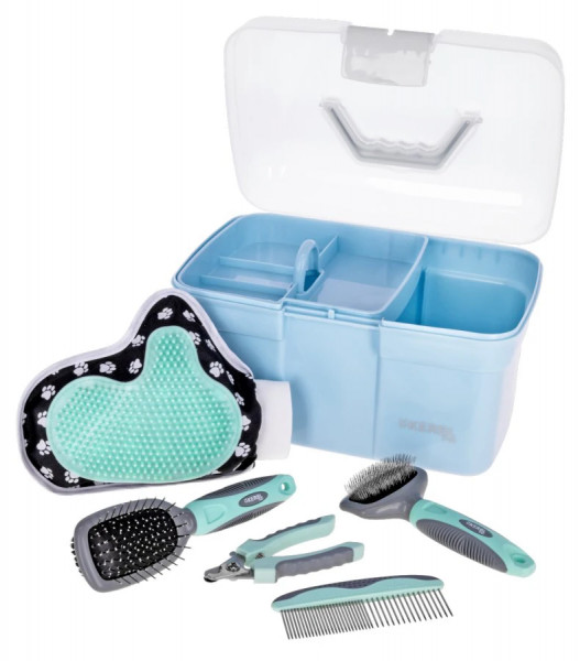 Befüllte Pflegebox mit Bürsten, Kamm, Fellpflegehandschuh und Krallenschere