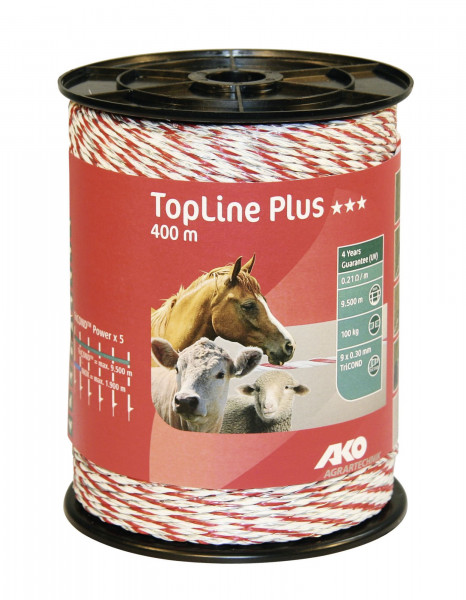Weidezaunlitze TopLine Plus in der Farbe weiß/ rot, 400 m auf einer Spule