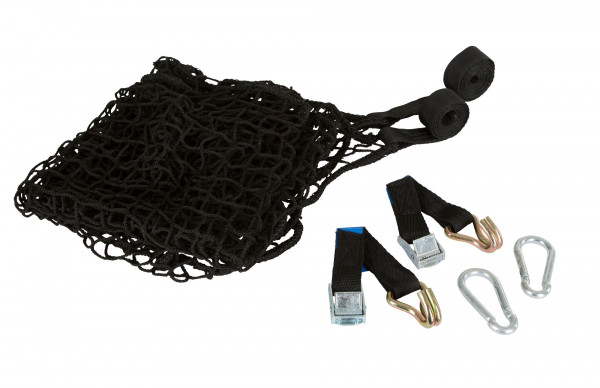 Netz zur Ladungssicherung, die Lieferung beinhaltet ein Netz, 2 Karabinerhaken sowie 2 Gurte