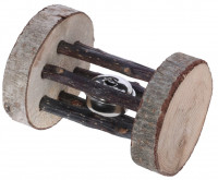 Spiel- und Knabberrolle mit Glocke, aus Rindenholz und Ästen Spiel- und Knabberrolle mit Glocke, aus Rindenholz und Ästen