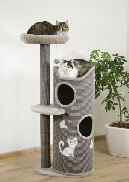 Kratzbaum Tiana mit Sisal und Plüschkissen, Kratzbaum mit 3-stöckiger Tonne
